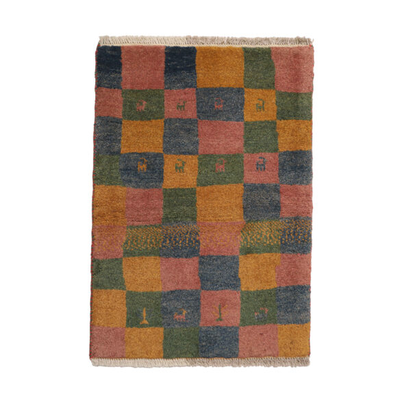 Persian Gabbeh Wool Rug Handwoven in Fars Checkered Animal Motifs