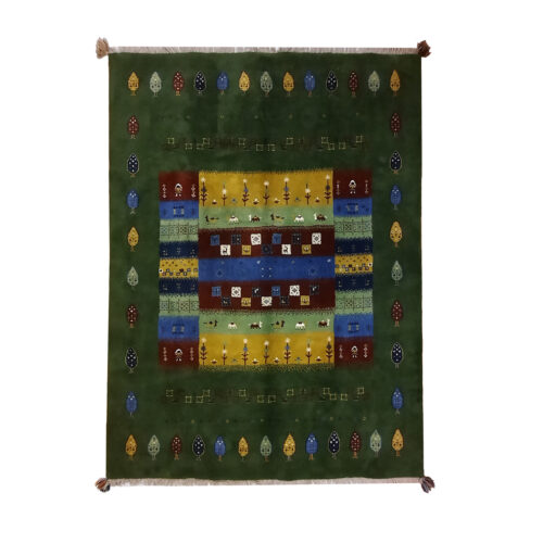 Persian Gabbeh Wool Rug Handwoven in ‌Shiraz Tree Motifs Green