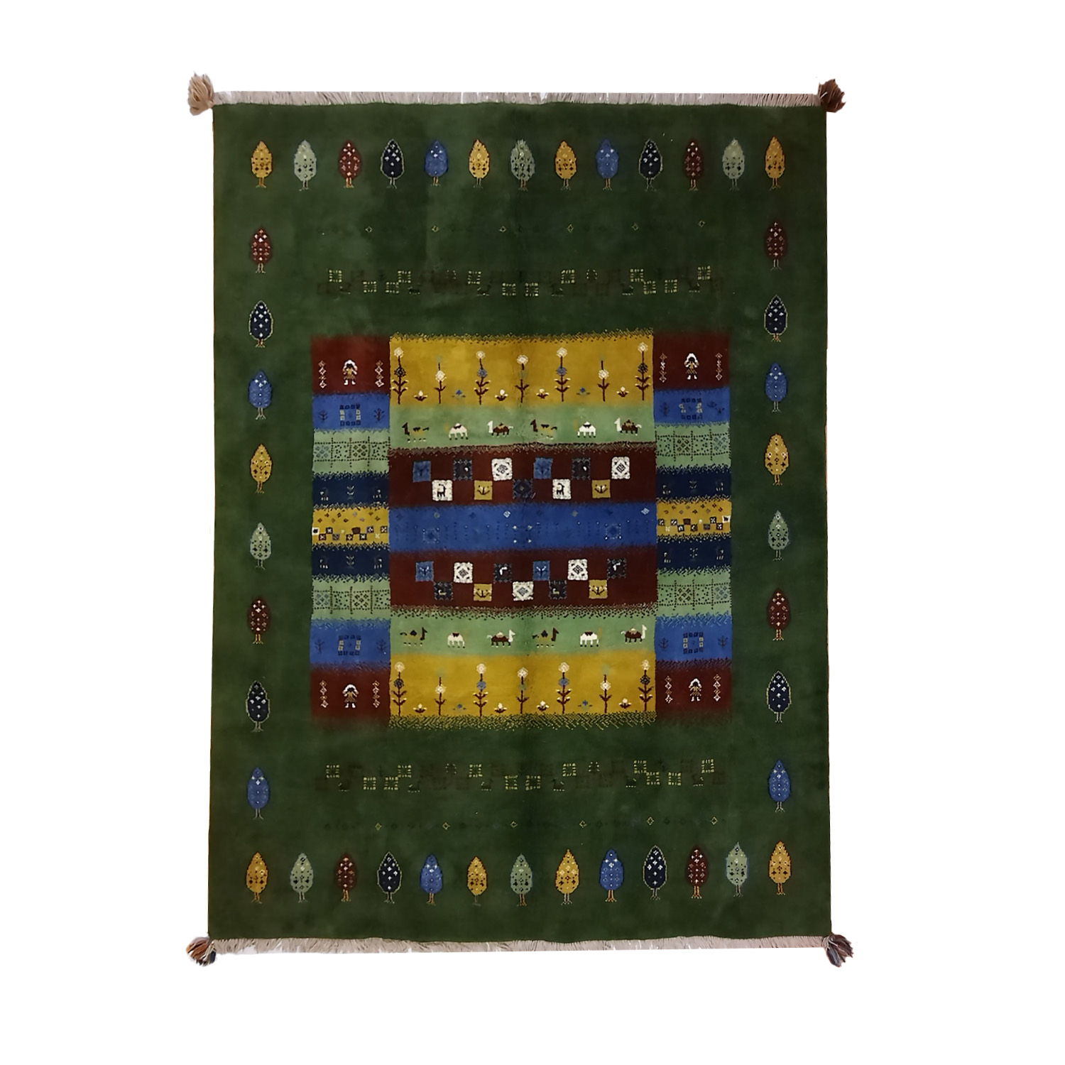Persian Gabbeh Wool Rug Handwoven in ‌Shiraz Tree Motifs Green