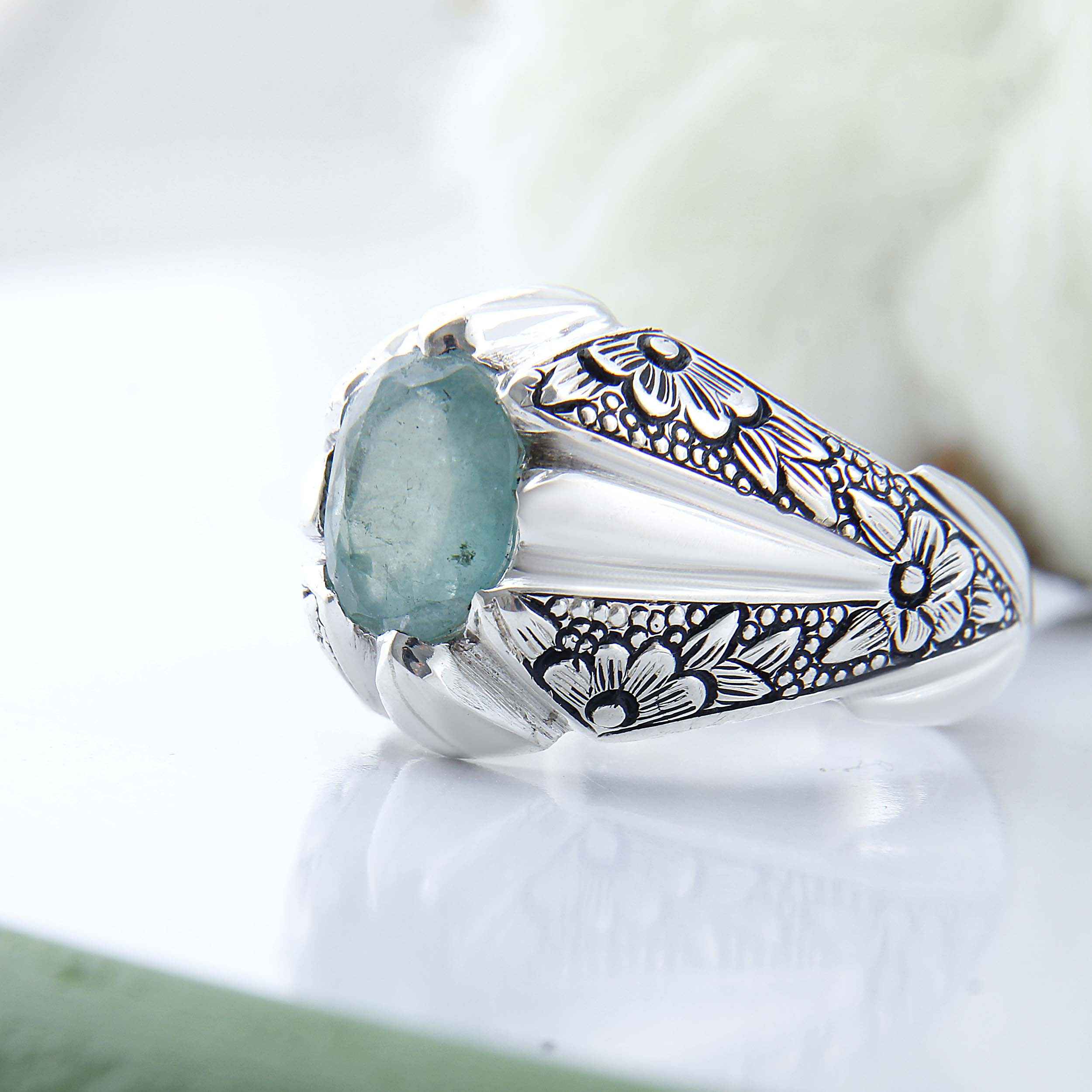 Persian Green Emerald Silver Ring For Men Handcrafted