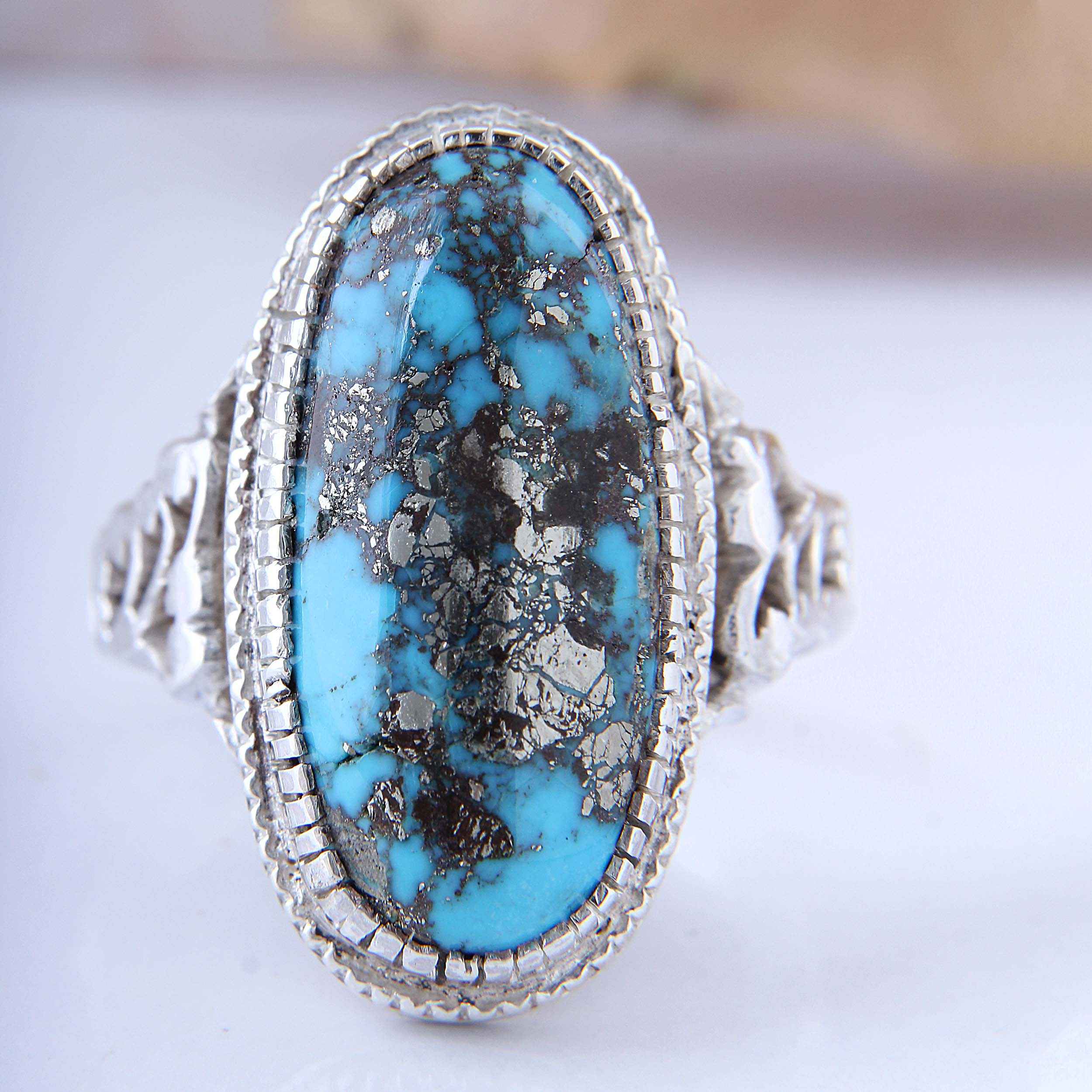 Persian Neyshabur Turquoise Silver Ring for Men Handcrafted