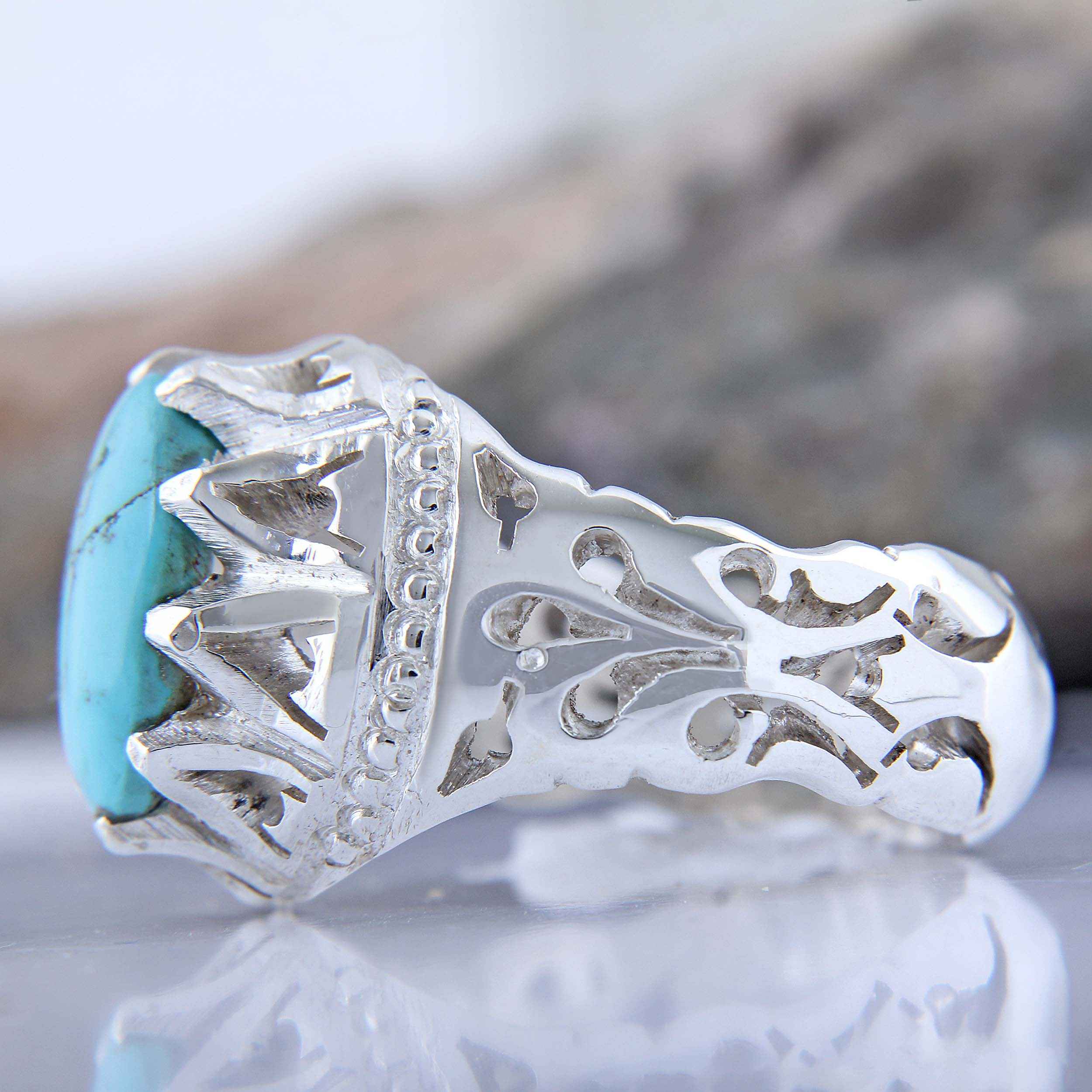 Persian Neyshabur Turquoise Silver Ring for Men Handcrafted