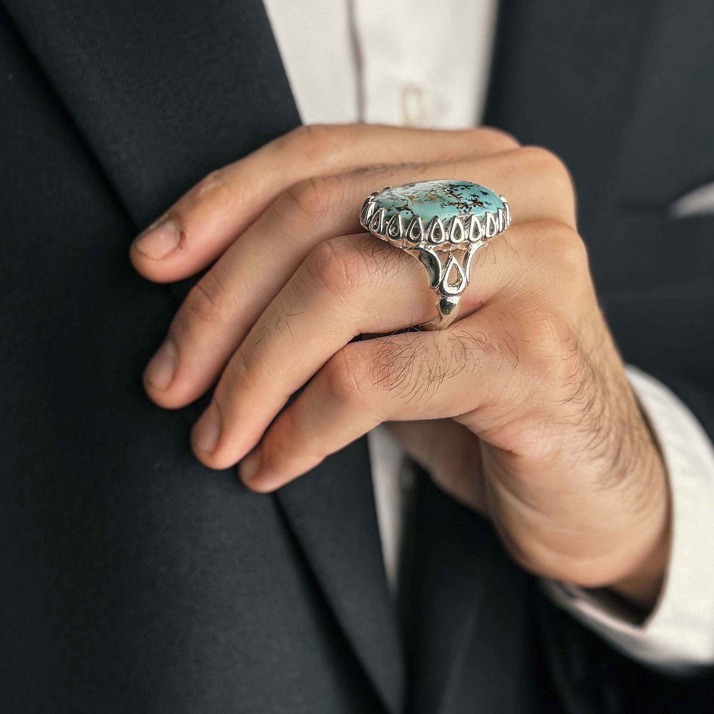 Persian Neyshabur Turquoise Silver Ring for Men Handcrafted AM_4806