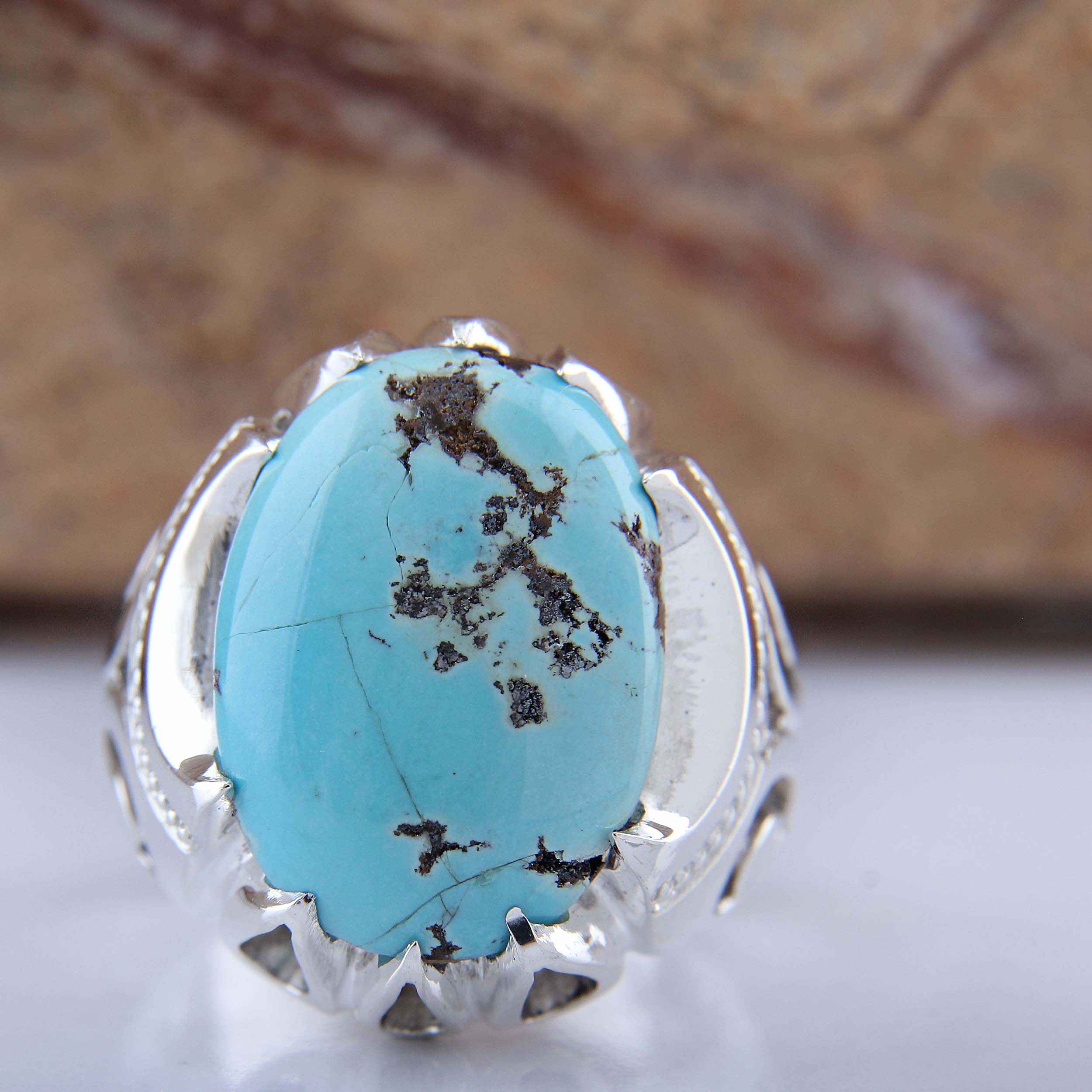 Persian Neyshabur Turquoise Silver Ring for Men Handcrafted AM_4807