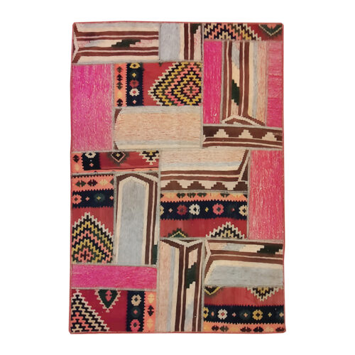 Persian Patchwork Kilim Rug Handwoven Geometric Pink