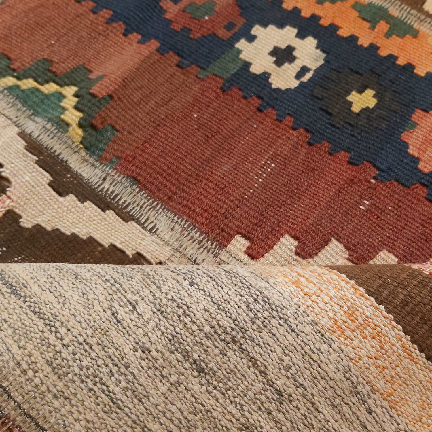 Persian Patchwork Kilim Rug Handwoven Geometric Brown