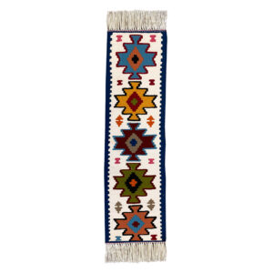 Persian Rug Table Runner Handwoven in Qashqai Style Geometric White