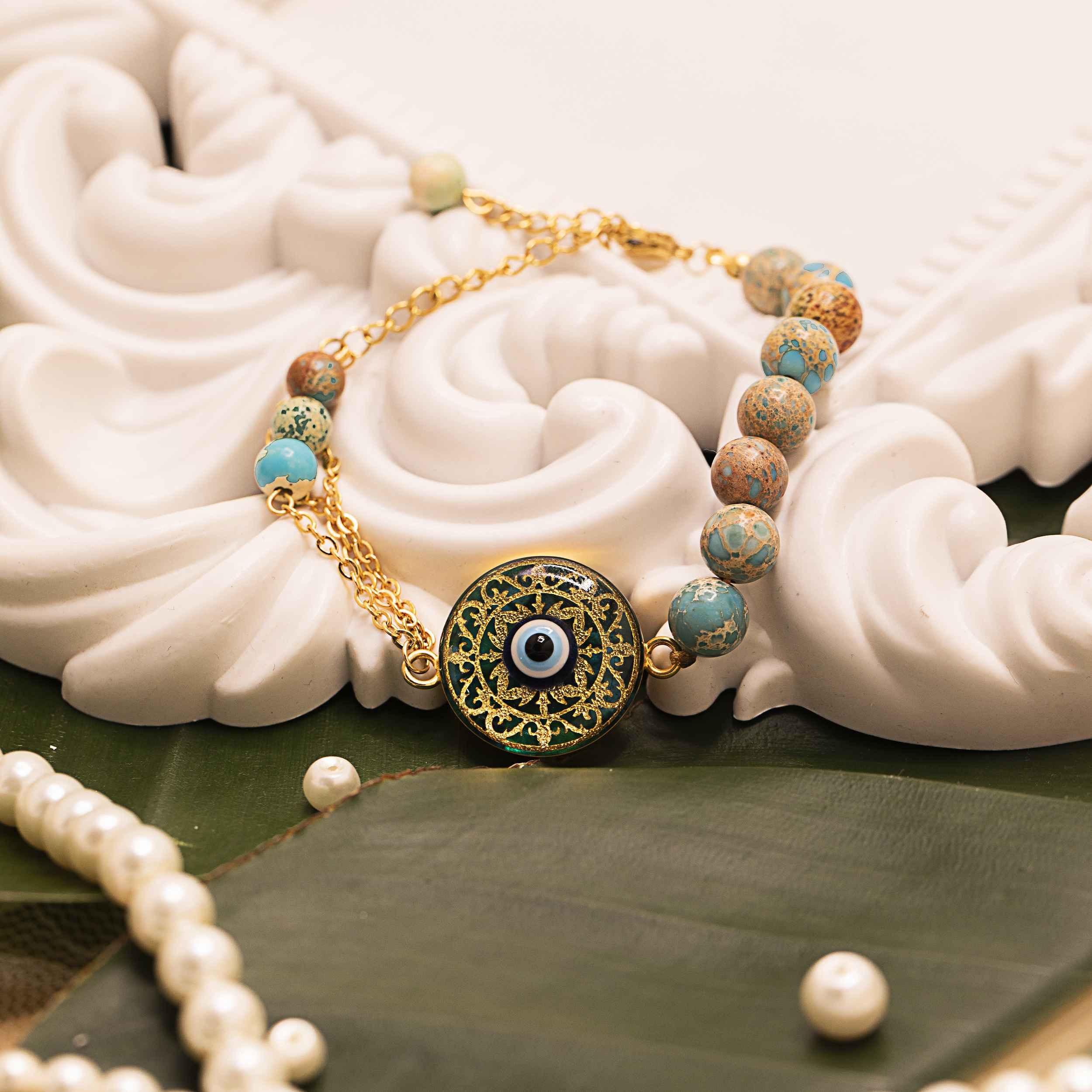 Persian Steel Beaded Bracelet for Women – Turquoise Evil Eye