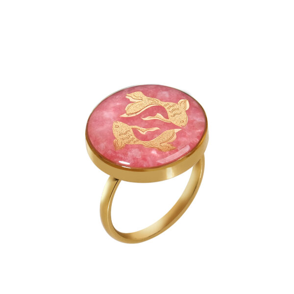 Steel Signet Ring with Pink Jade Gemstone Resin Covered and Gold Plated Fish Symbol