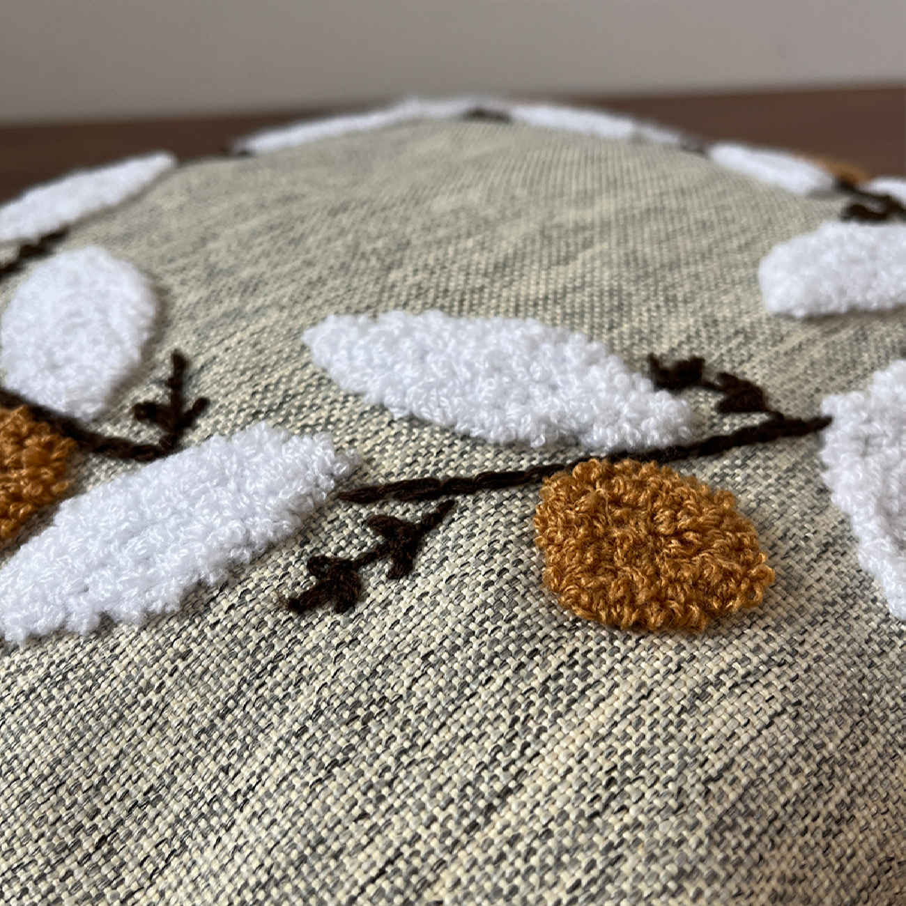 Punch Needle Cushion Cover – Embroidered Leaves Cream Design (Set of 2)