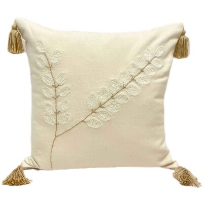 Punch Needle Cushion Cover – Embroidered Long Leaves Cream Design