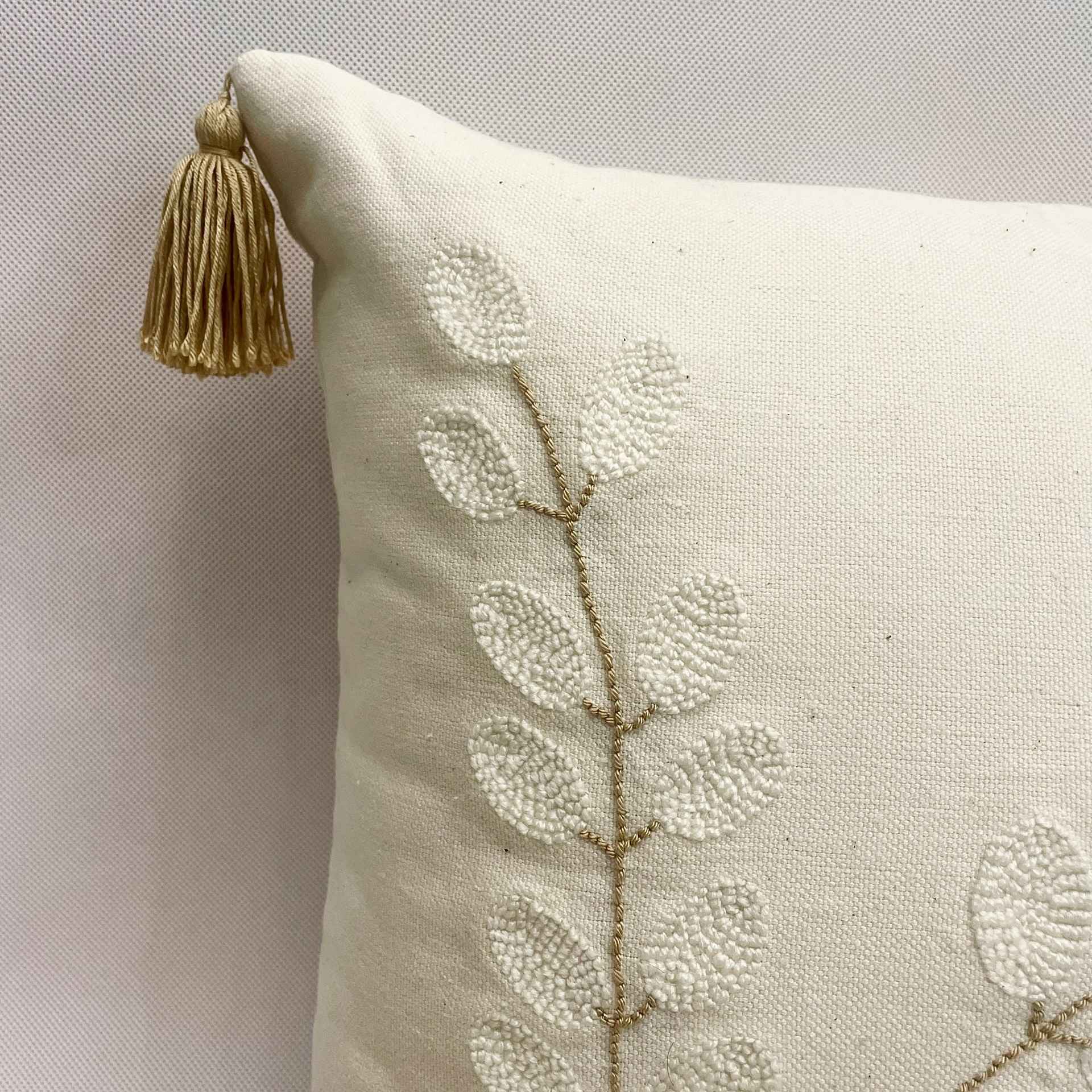 Punch Needle Cushion Cover – Embroidered Long Leaves Cream Design