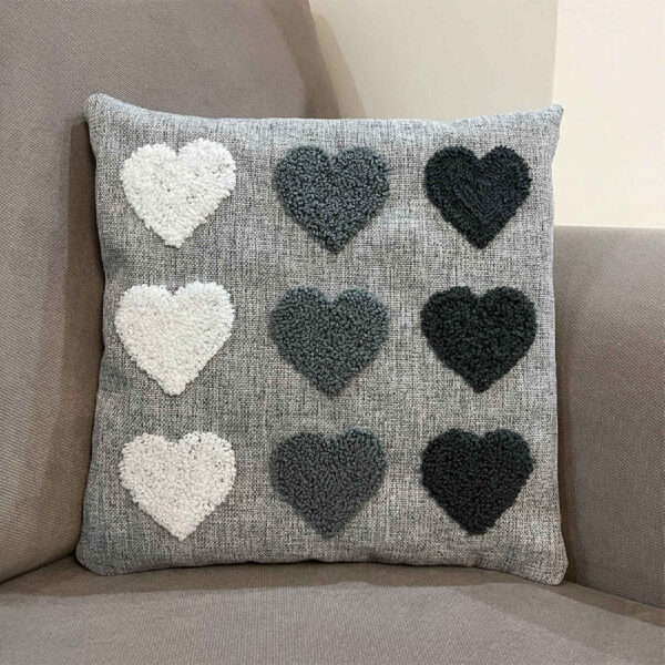 Punch Needle Cushion Cover - Embroidered Heart Shapes Gray Design
