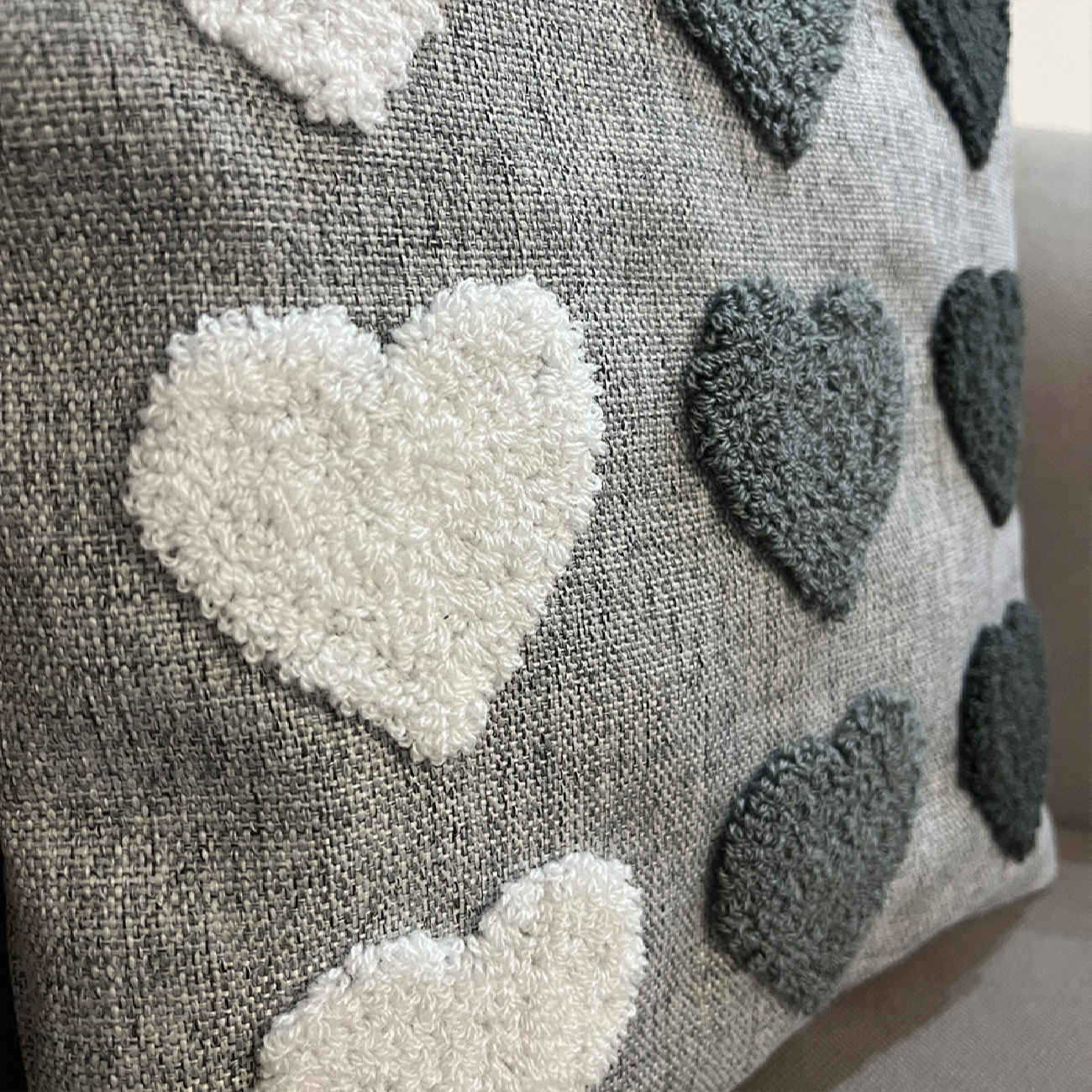 Punch Needle Cushion Cover – Embroidered Heart Shapes Gray Design