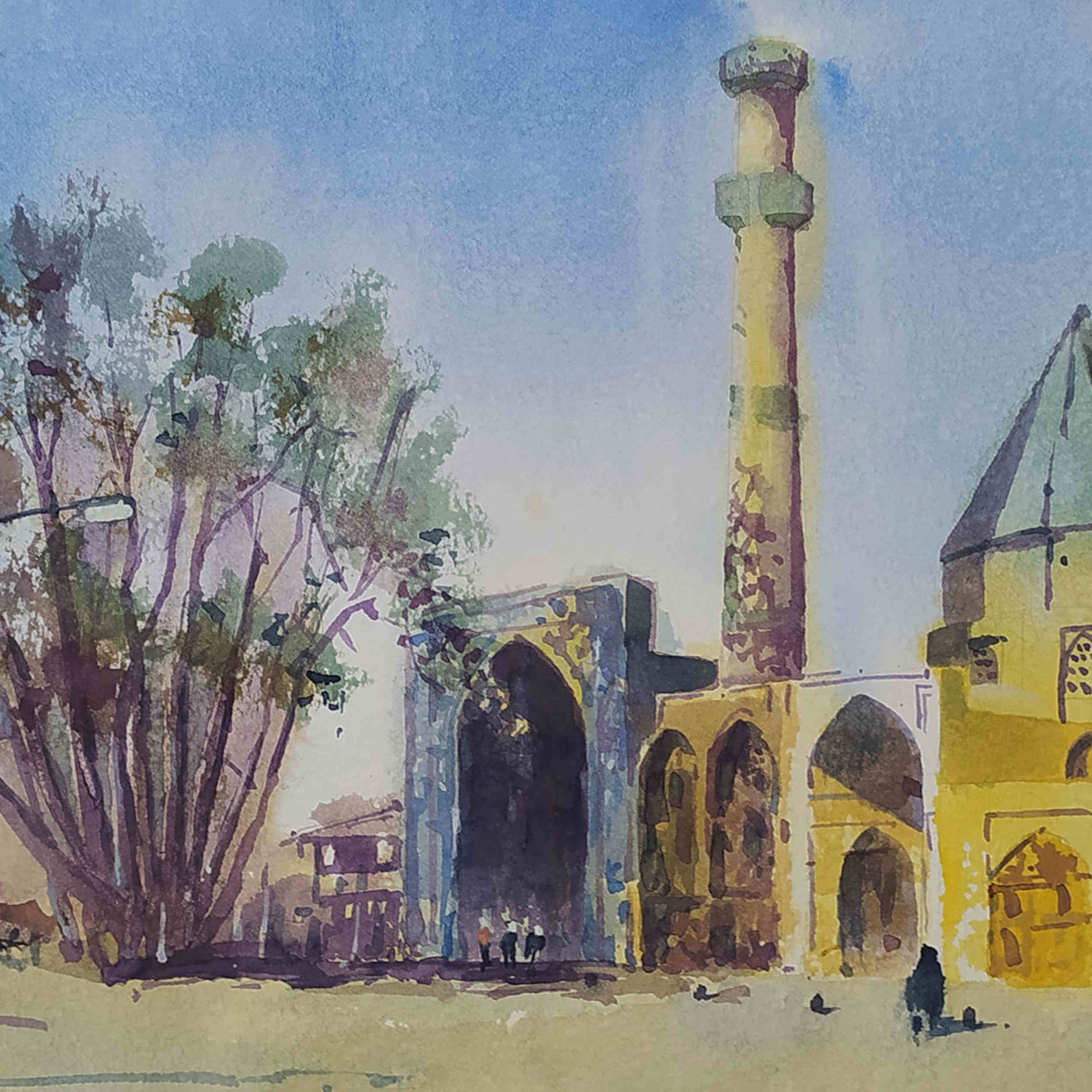 Original Realism Painting – Watercolor on Cardboard, Jameh Mosque by Bijan Ghahramani