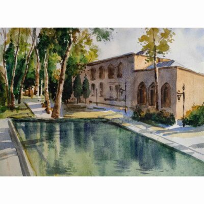 Original Realism Painting – Watercolor on Cardboard, Persian Architecture