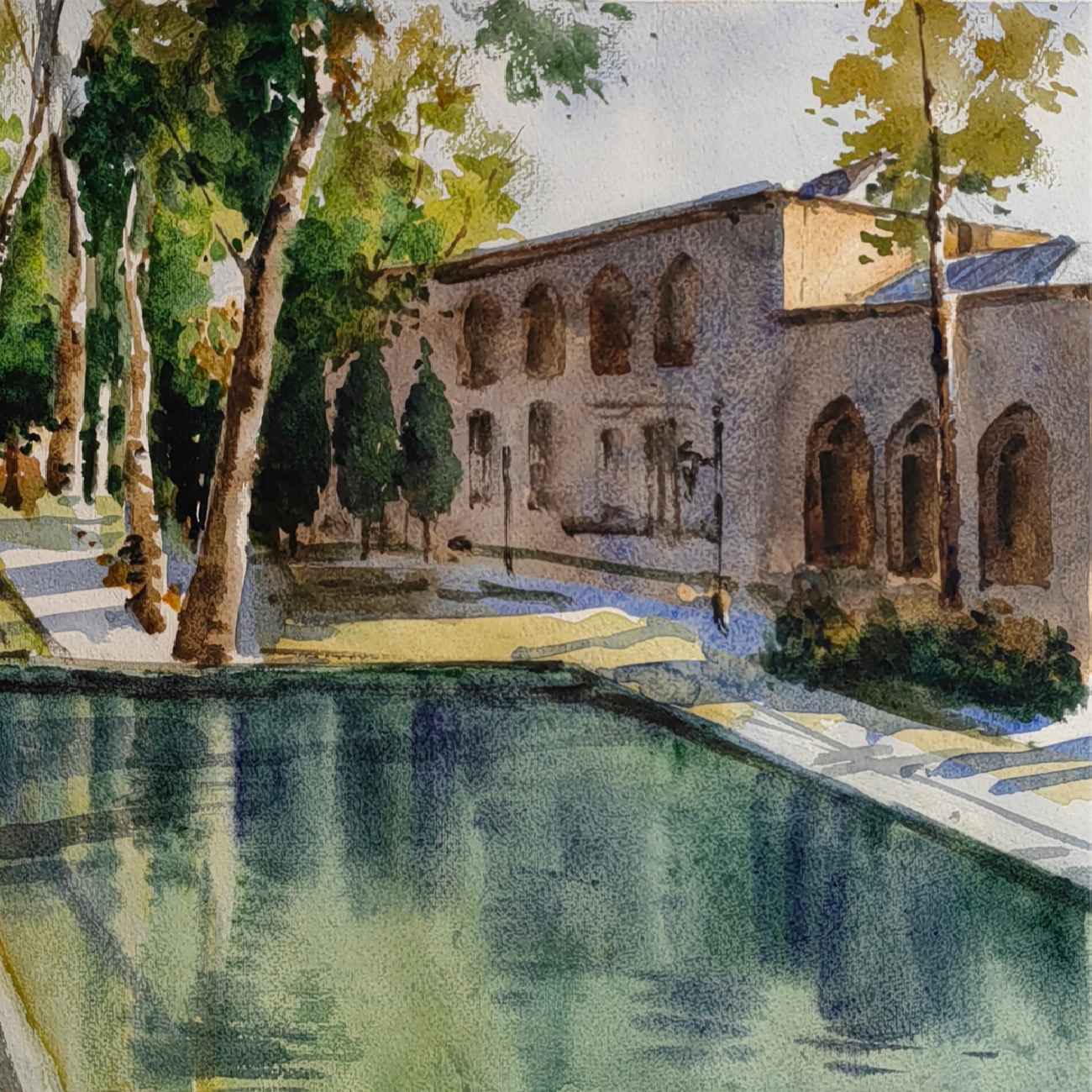 Original Realism Painting – Watercolor on Cardboard, Persian Architecture