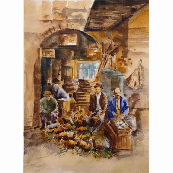 Original Realism Painting - Watercolor on Cardboard, Rasht Grand Bazaar