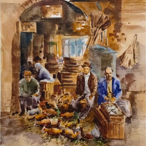 Original Realism Painting – Watercolor on Cardboard, Rasht Grand Bazaar