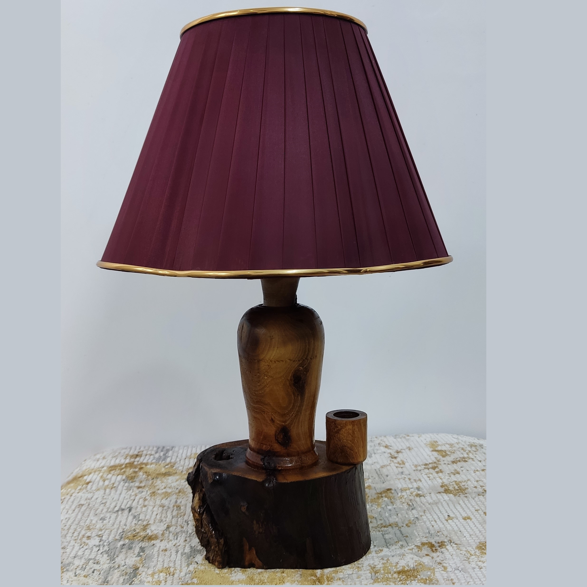 Rustic Wooden Table Lamp Natural Handcrafted with Fabric Lampshade