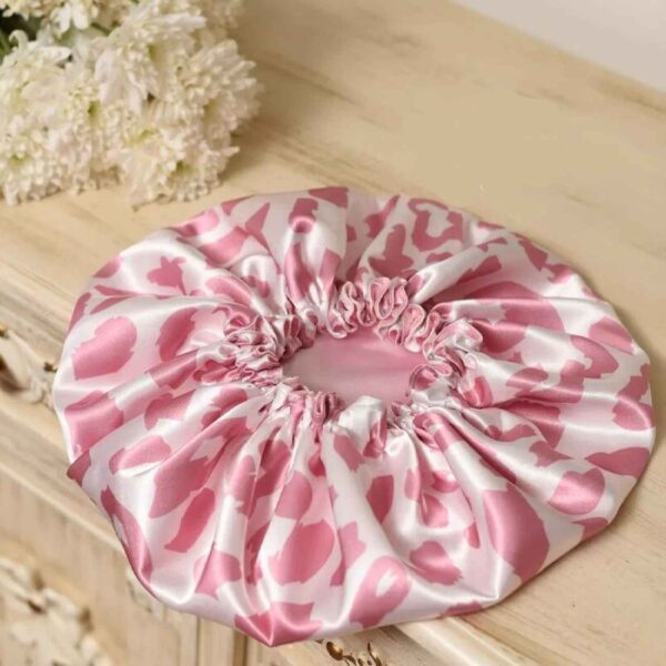 Silk Satin Bonnet Sleeping Hat Luxury for Women with Leopard Design Pink