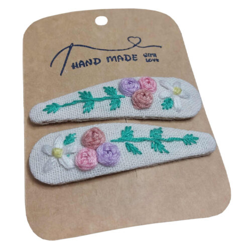 Snap Hair Clip Set with Flower Design Hand-Embroidered