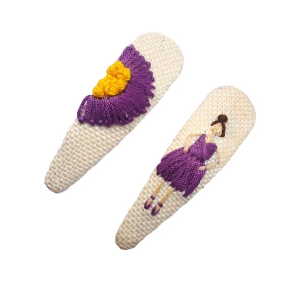 Snap Hair Clip Set with Hand-Embroidered Ballerina Design