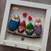 Decorative & Handcrafted Wall Key Holder with Owl Family Design and Stone Art