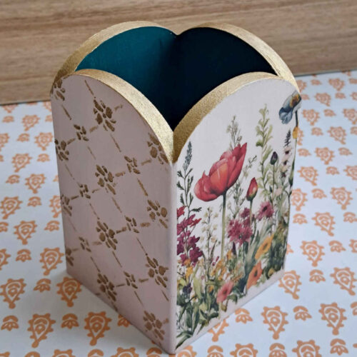 Wooden Makeup Brush Holder Handcrafted with Floral Design