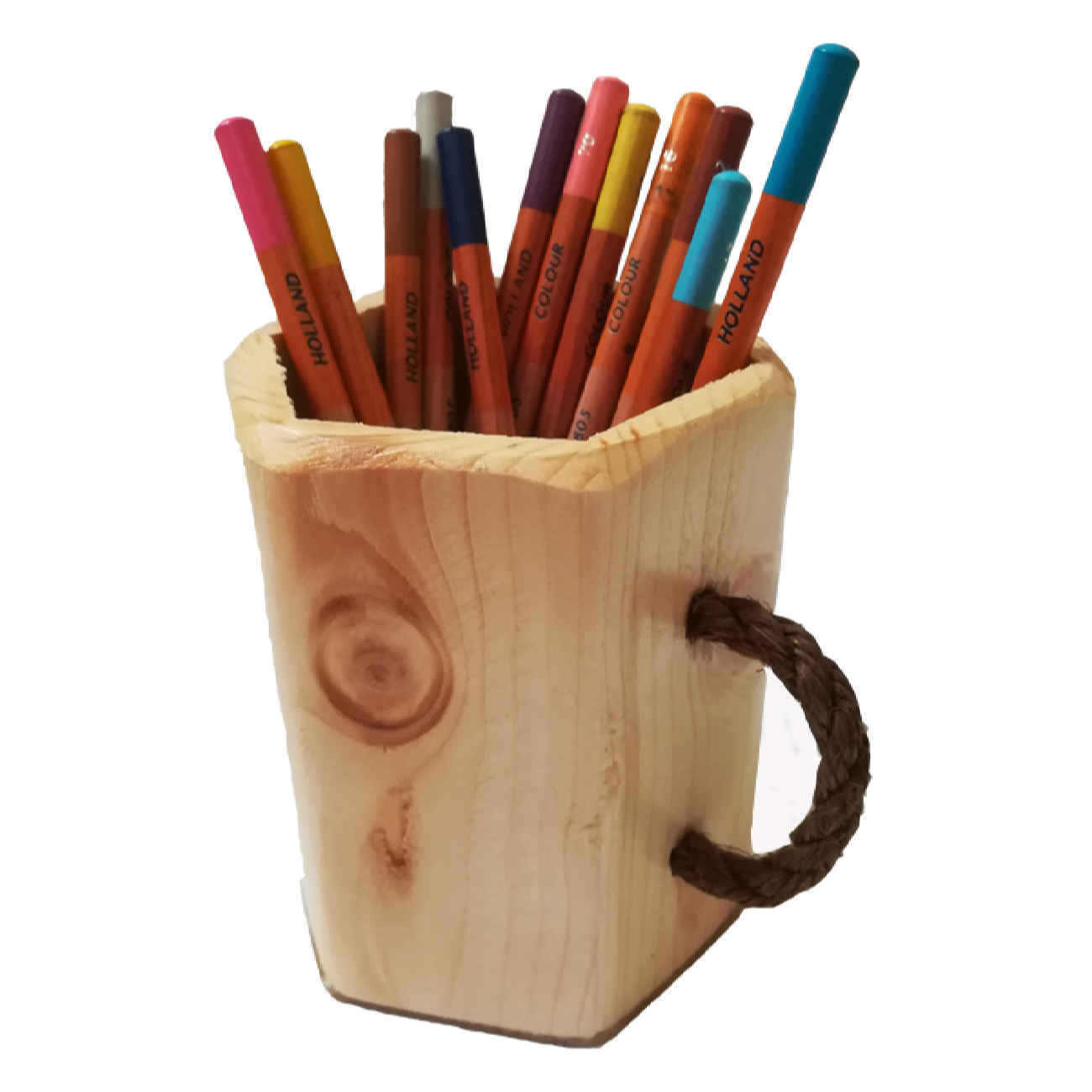 Wooden Makeup Cup Brush Holder Rope Handle Handcrafted Elegance