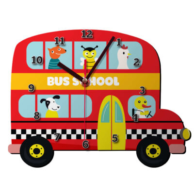 Wooden Nursery Wall Clock with Animal’s School Bus Design