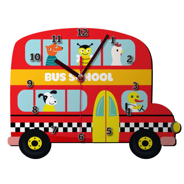 Wooden Nursery Wall Clock with Animal's School Bus Design