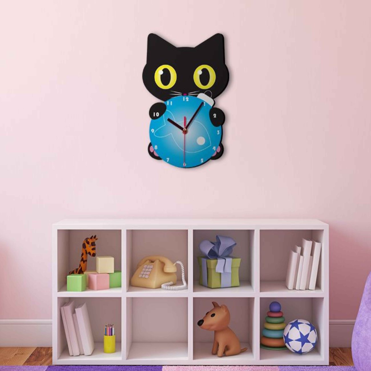 Wooden Nursery Wall Clock with Cute Black Cat Design
