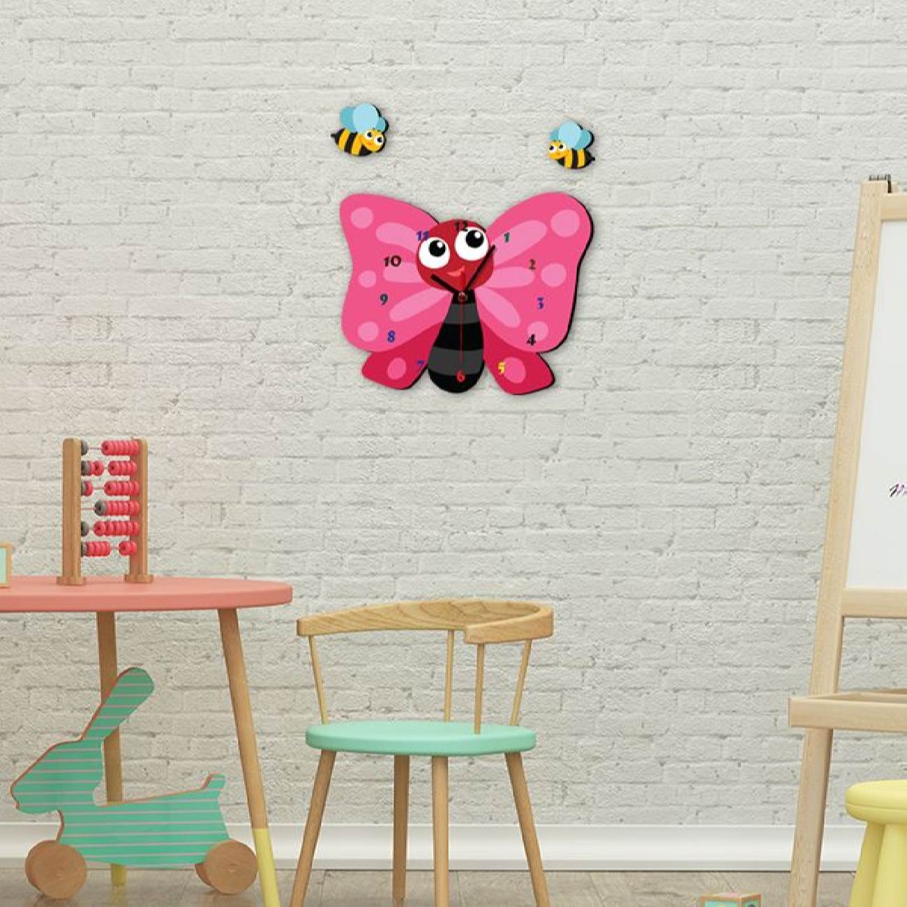 Wooden Nursery Wall Clock with Cute Butterfly Design