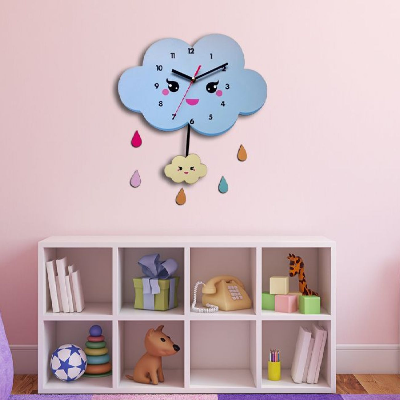 Wooden Nursery Wall Clock with  Happy Cloud Design