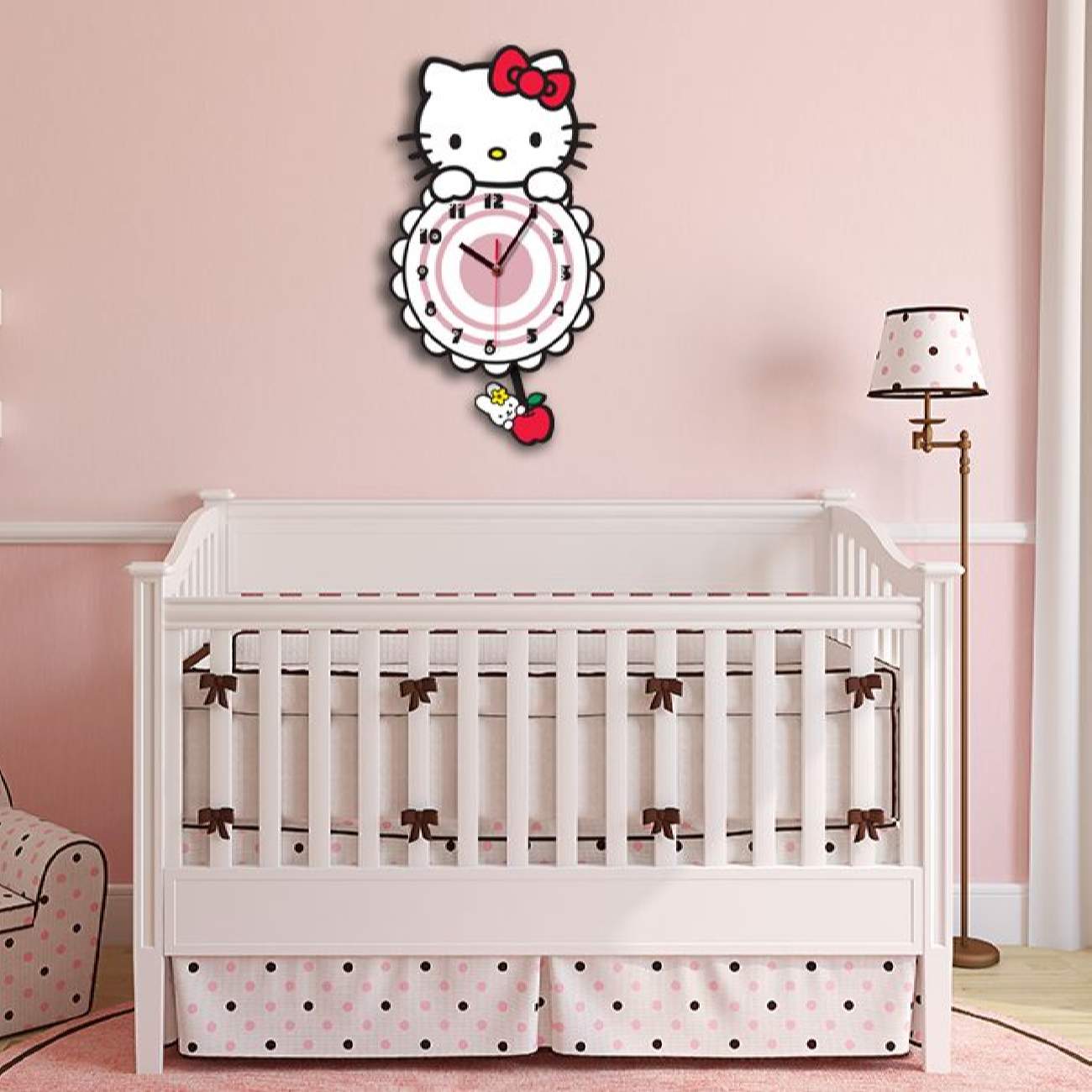 Wooden Nursery Wall Clock with Hello Kitty Design