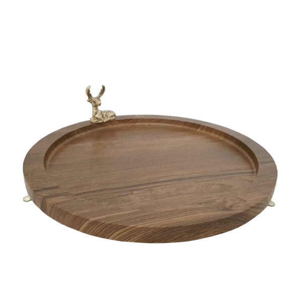 Footed Round Wooden Tray – Featuring Elegant Deer Design