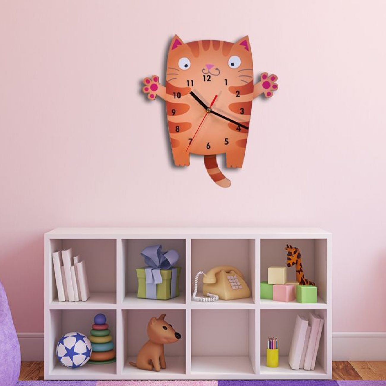 Wooden Wall Clock for Children’s Room with Cat Design