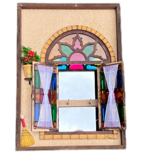 Handcrafted Persian Wooden Wall Key Holder with Traditional Style Cottage Window Design