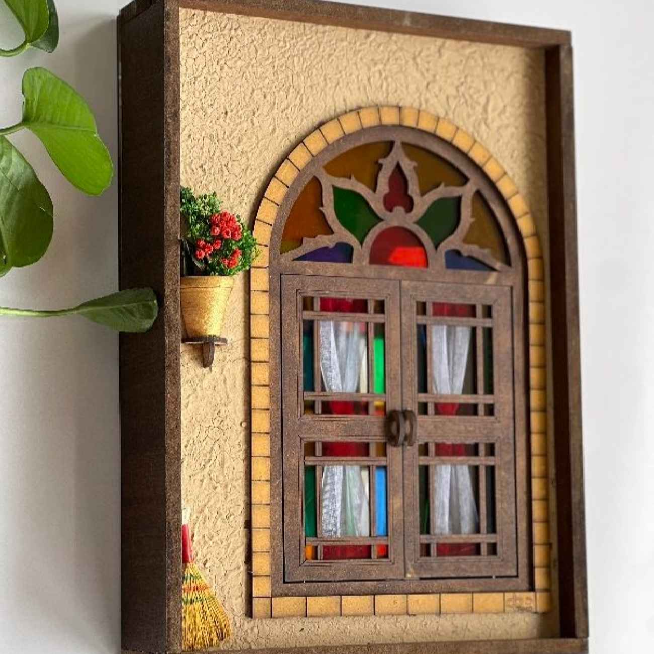 Handcrafted Persian Wooden Wall Key Holder with Traditional Style Cottage Window Design