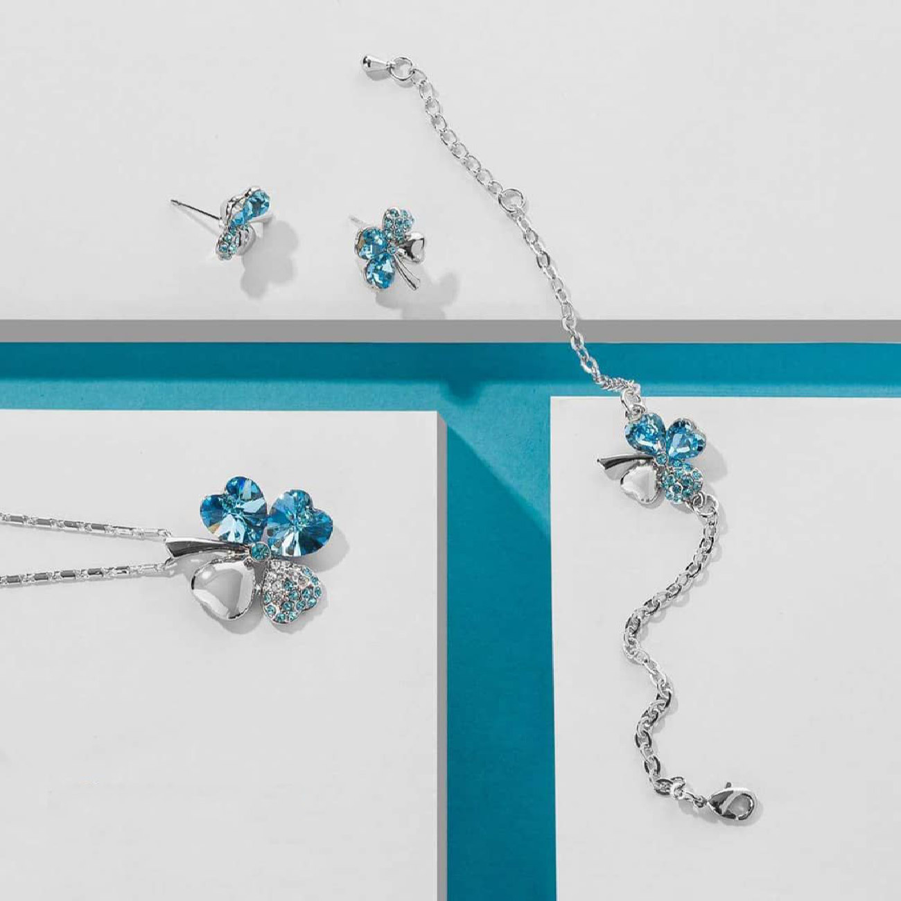 Brass Four Leaf Clover Jewelry Set – Necklace Bracelet Stud Earrings Set for Women