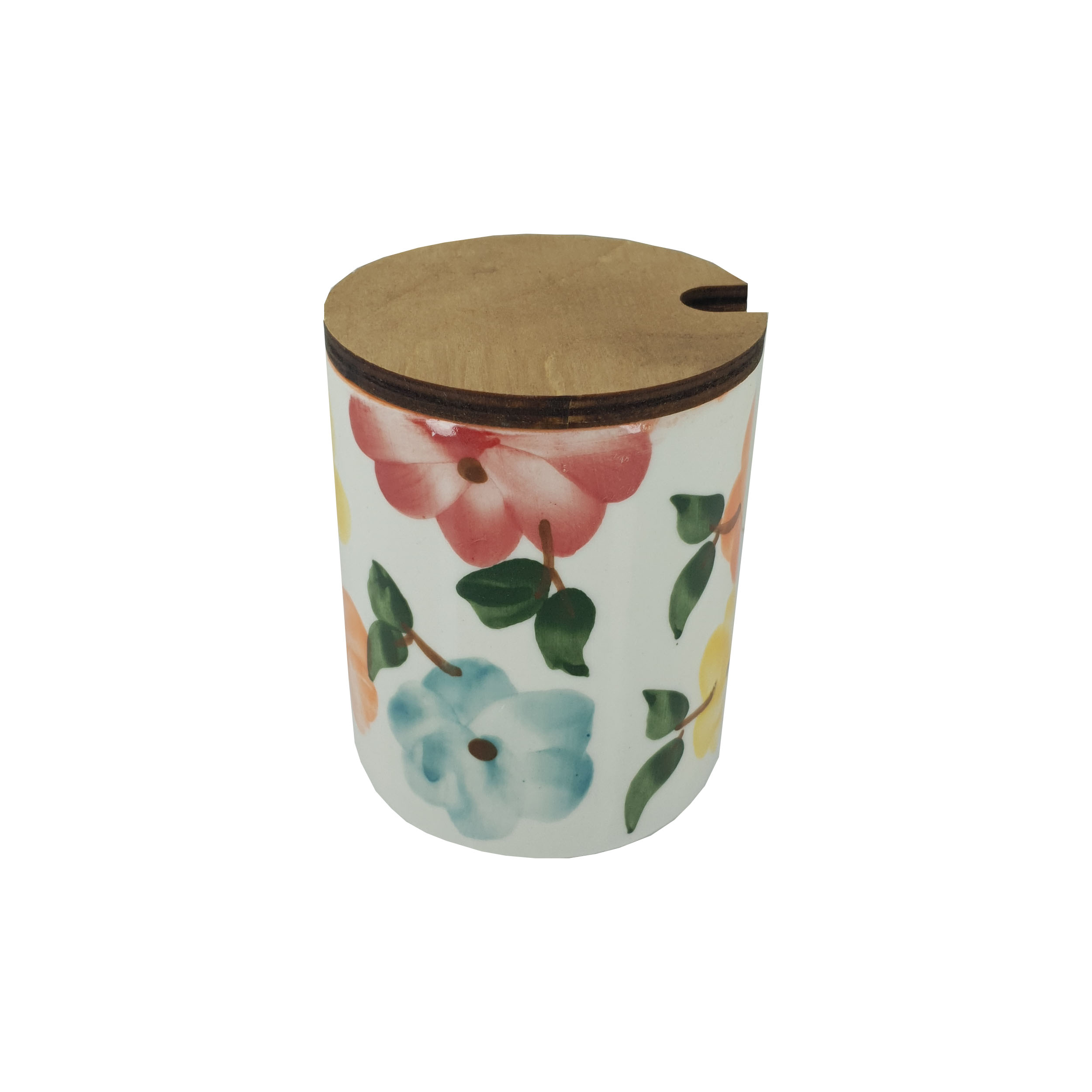 Ceramic Canister Jar in Floral Design with Wooden Lid