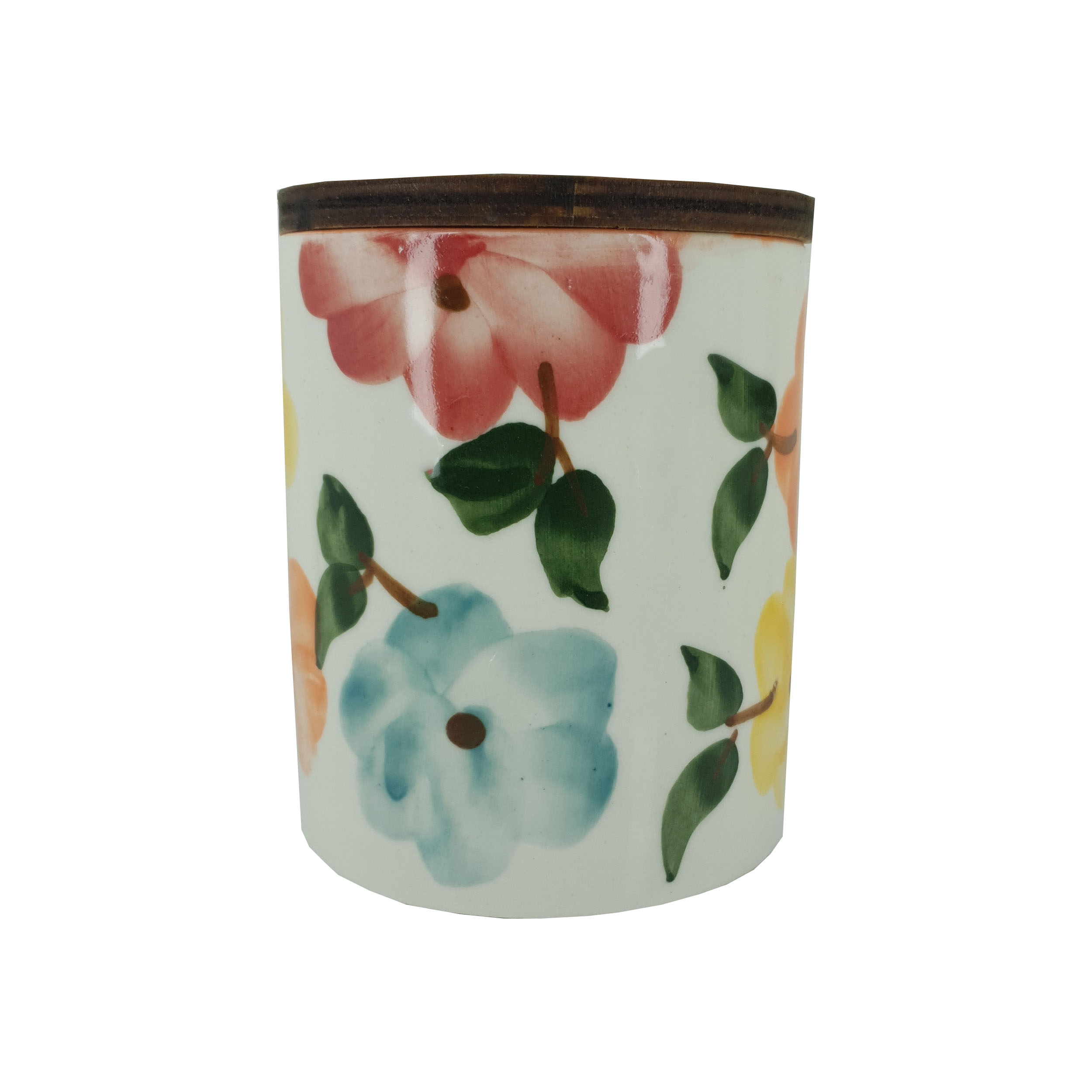 Ceramic Canister Jar in Floral Design with Wooden Lid