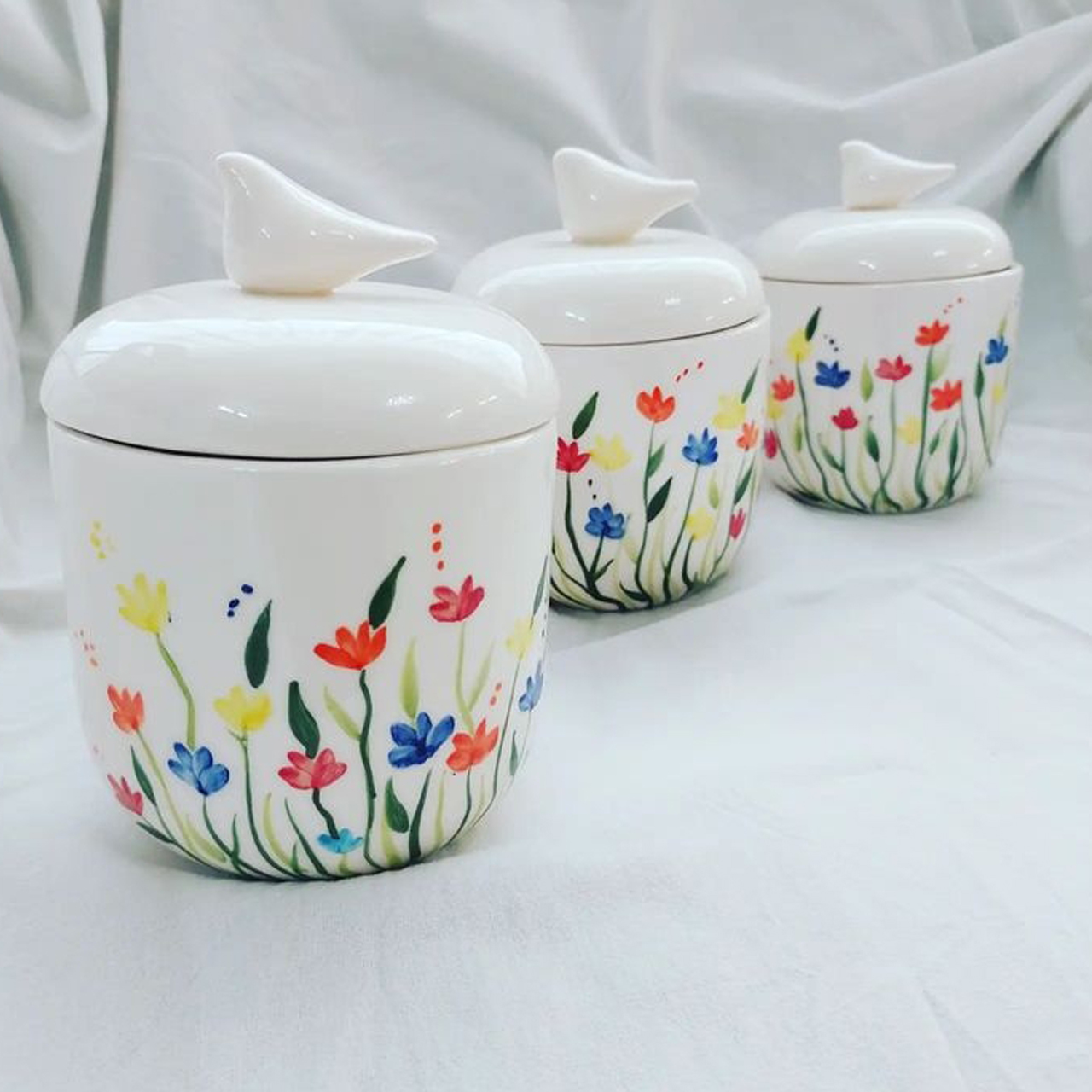 Ceramic Canister Jar with Hand Painting Flower Design Set of 3