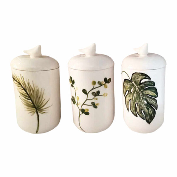 Ceramic Canister Jar with Hand Painting Leaf Design Set of 3