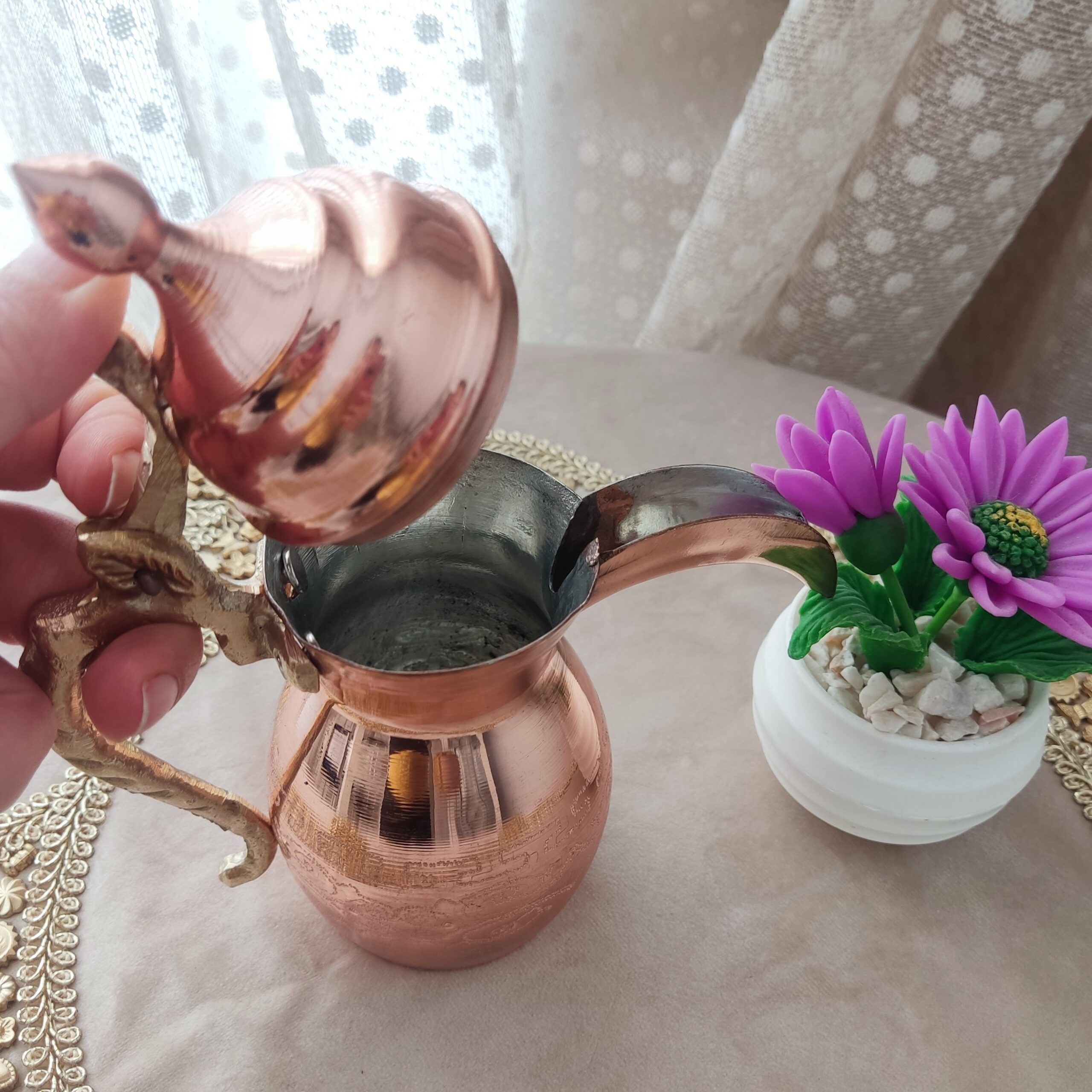 Copper Dallah Coffee Pot for Brewing Qahwa & Arabic Coffee, Tinned Inside with Brass Handle
