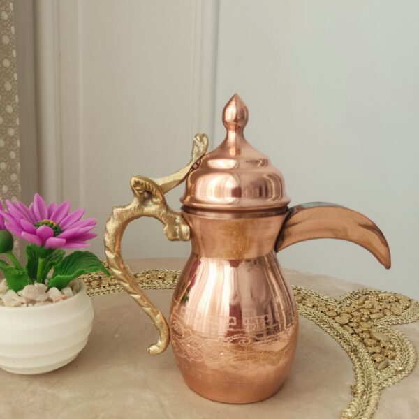 Copper Dallah Coffee Pot for Brewing Qahwa & Arabic Coffee, Tinned Inside with Brass Handle