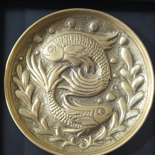 Decorative Brass Tray Persian Hand-Engraved Ghalamzani Artwork Fish & Leafy Plants