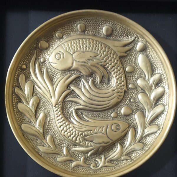 Decorative Brass Tray Persian Hand-Engraved Ghalamzani Artwork Fish & Leafy Plants
