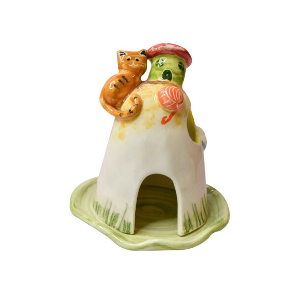 Decorative Ceramic Candle Holder with Cat House Design Handcrafted